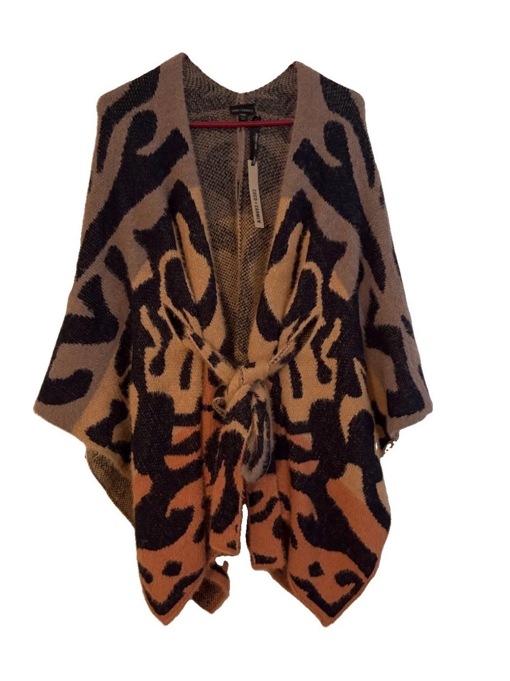 Coco + Carmen Womens Abstract Animal Print Kimono Sleeve Tie Waist Wrap Sweater
